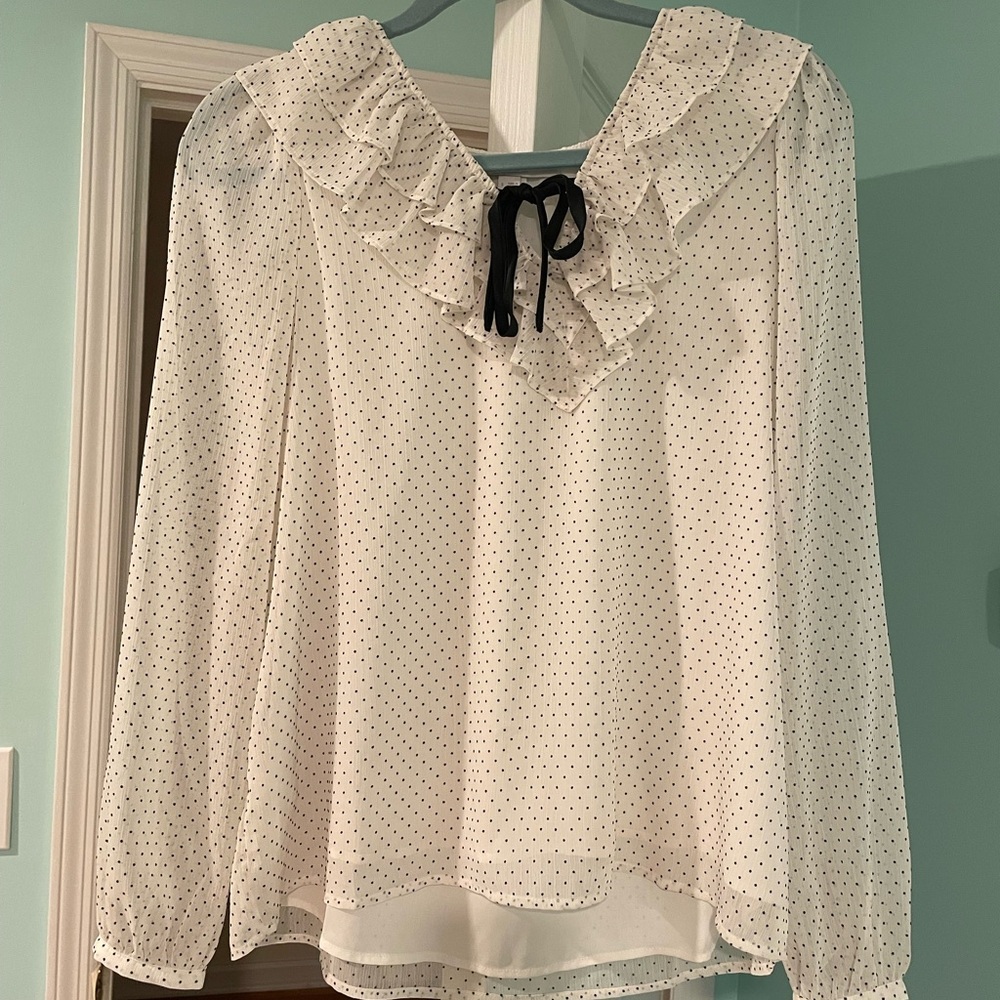 LOFT White Puff Sleeve Blouse with Ruffled Bib Collar